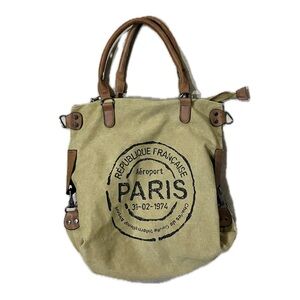 Paris Stamp Canvas Tote Bag with Brown Accents